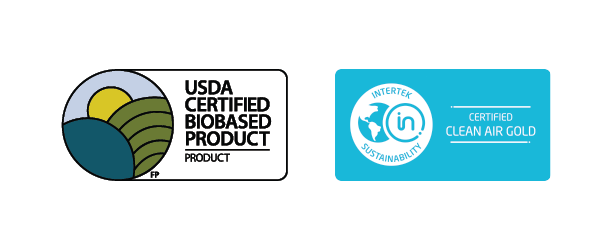 USDA Certified Biobased Product and Intertek Clean Air GOLD certification logos, representing BioBond’s commitment to plant-based materials and low VOC performance standards across most of its adhesives and coatings.