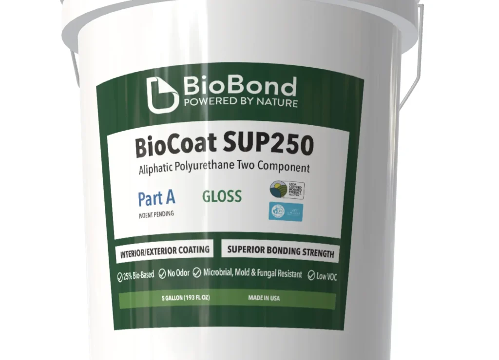 BioBond BioCoat SUP250 plant-based antimicrobial protective coating in a 5-gallon pail, designed for industrial surface protection with low VOC performance.